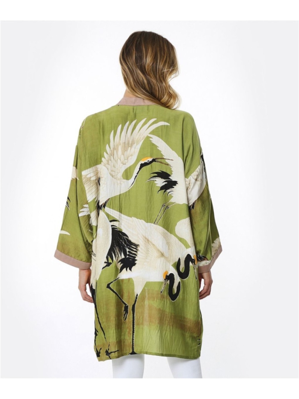 Women's One Hundred Stars Crane Print Kimono Green White One Size